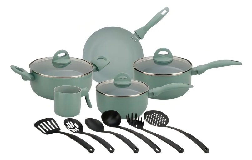 Jogo Panela Premium Indução 14 Peças Antiaderente Marmore Cor Verde-claro